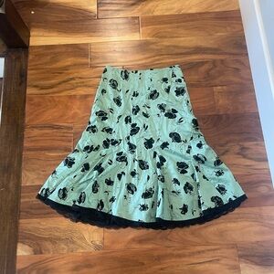 Odille Anthropologie Mint Green A-Line Skirt with Black Floral Design